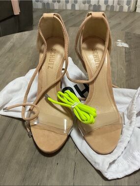 SCHUTZ Nude Clear-Strap Lace-Up Heels